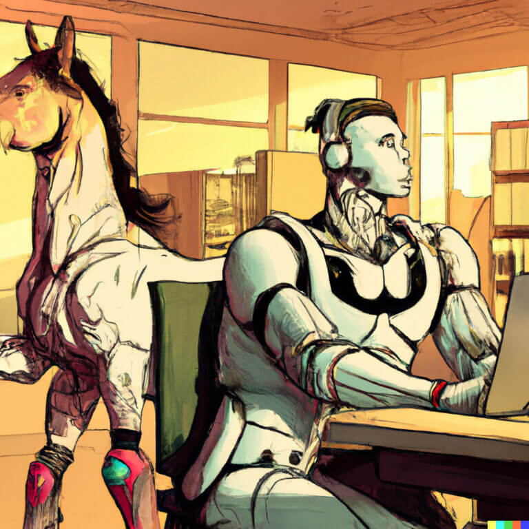 DALL·E 2023-09-22 17.11.28 – a cyborg and a mythologic centaur working together in a office