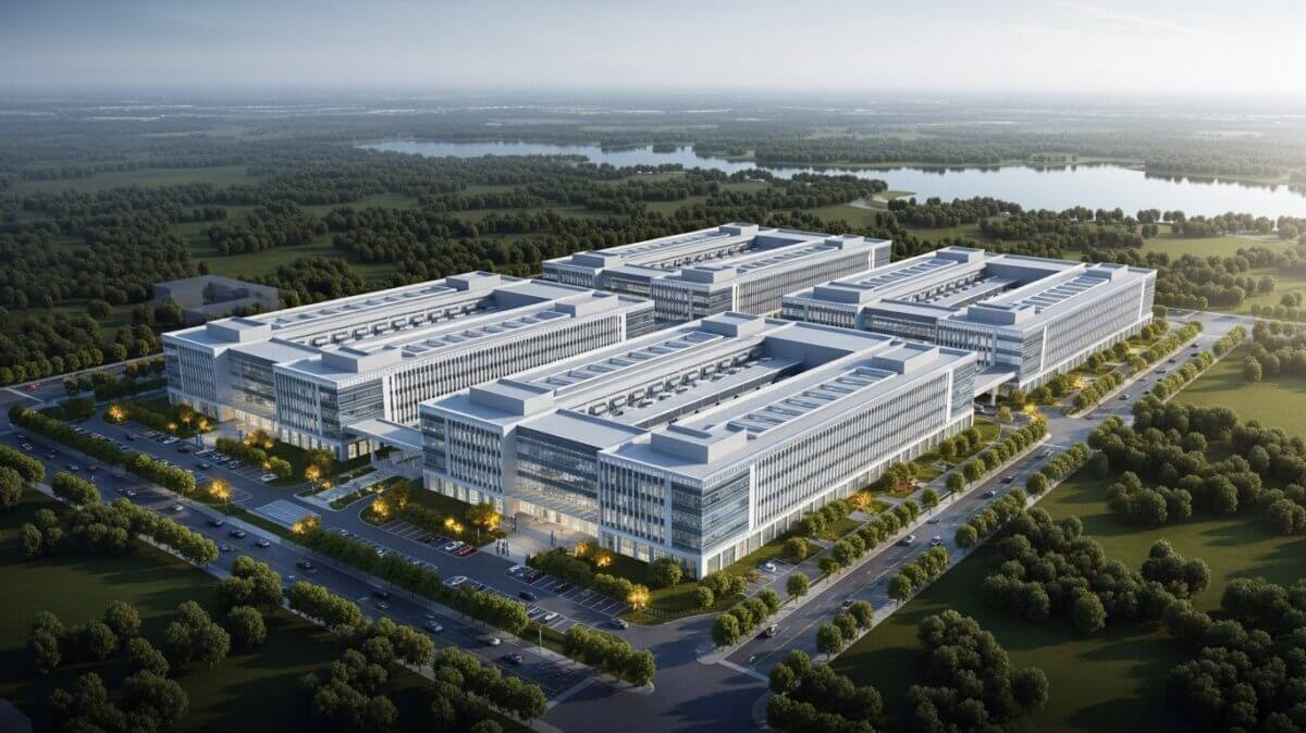 Photorealistic,Large,Data,Center,Building,In,The,Ariel,Riew,Near