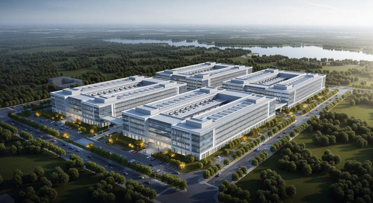 Photorealistic,Large,Data,Center,Building,In,The,Ariel,Riew,Near