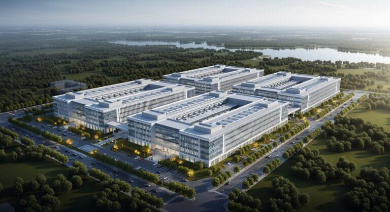 Photorealistic,Large,Data,Center,Building,In,The,Ariel,Riew,Near